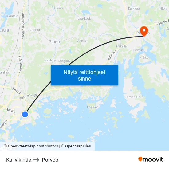 Kallvikintie to Porvoo map