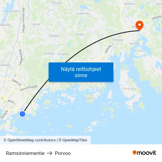 Ramsinniementie to Porvoo map