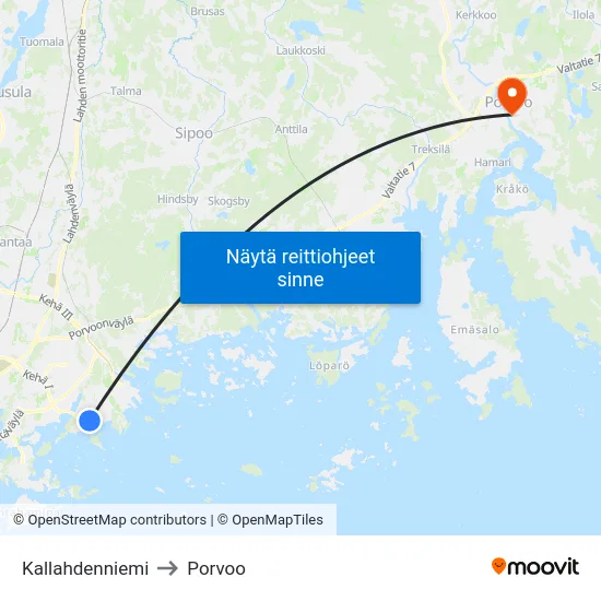 Kallahdenniemi to Porvoo map
