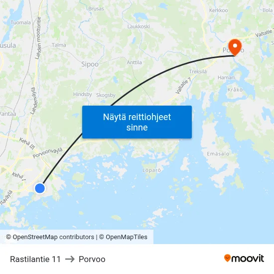 Rastilantie 11 to Porvoo map