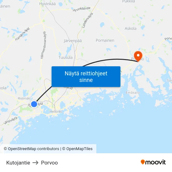 Kutojantie to Porvoo map