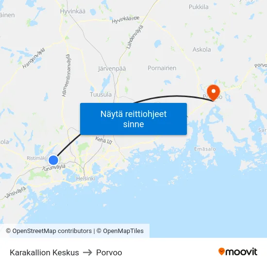Karakallion Keskus to Porvoo map