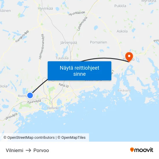 Vilniemi to Porvoo map
