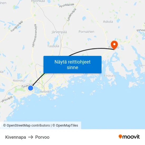 Kivennapa to Porvoo map