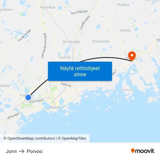 Jorvi to Porvoo map