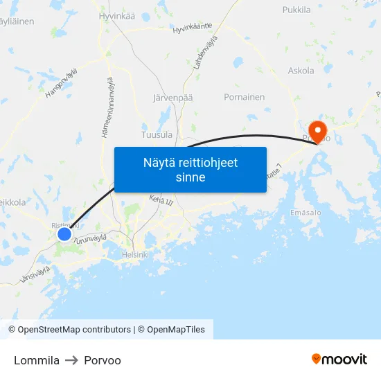 Lommila to Porvoo map