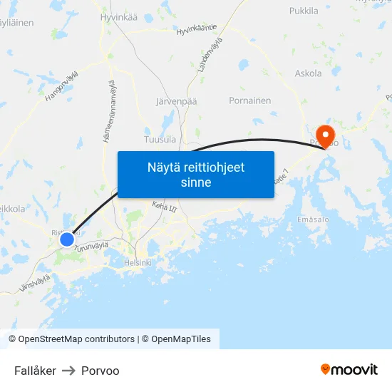 Fallåker to Porvoo map