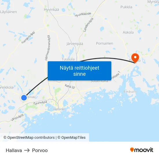 Hallava to Porvoo map