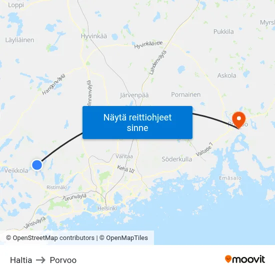 Haltia to Porvoo map