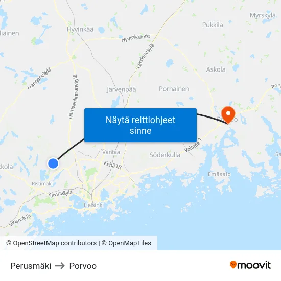 Perusmäki to Porvoo map