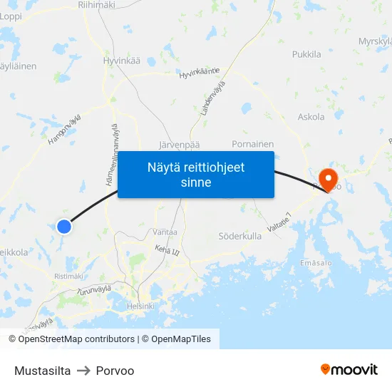 Mustasilta to Porvoo map