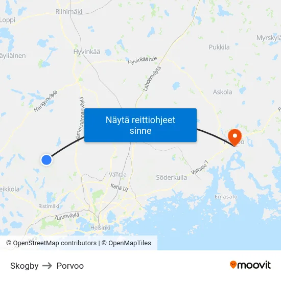 Skogby to Porvoo map