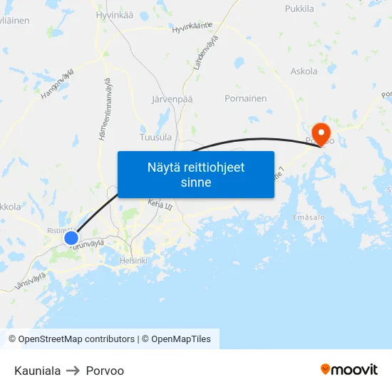 Kauniala to Porvoo map