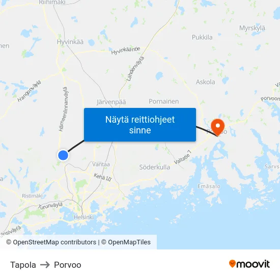 Tapola to Porvoo map