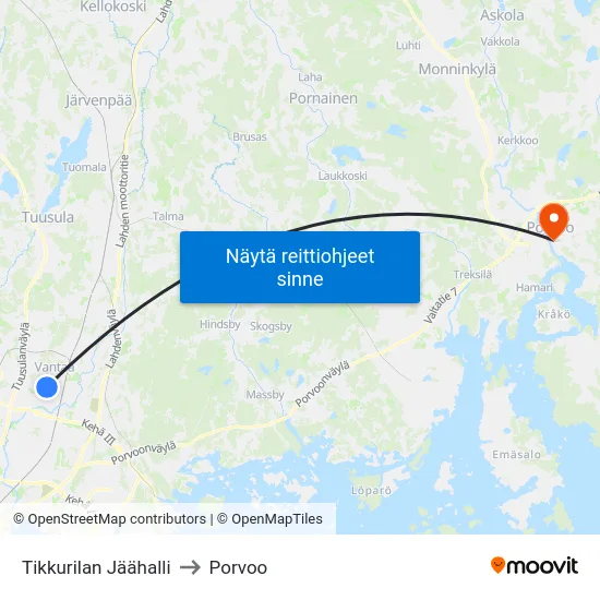 Tikkurilan Jäähalli to Porvoo map