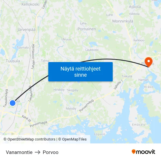 Vanamontie to Porvoo map