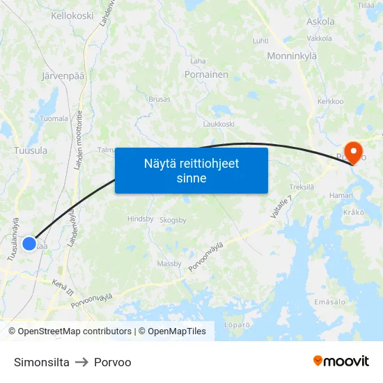 Simonsilta to Porvoo map