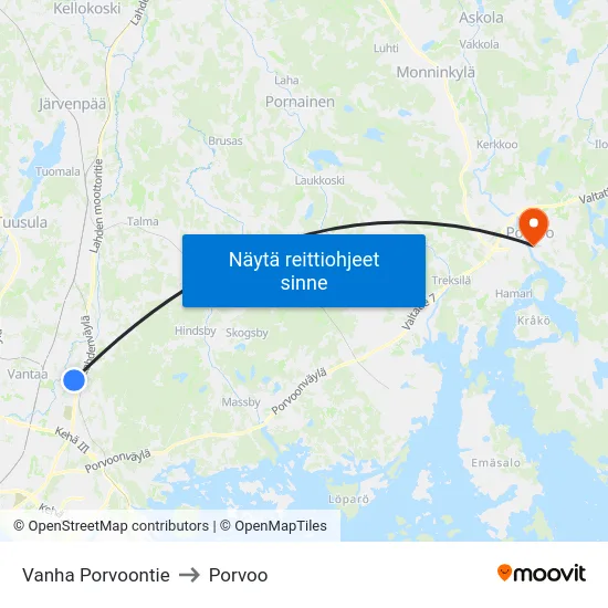 Vanha Porvoontie to Porvoo map