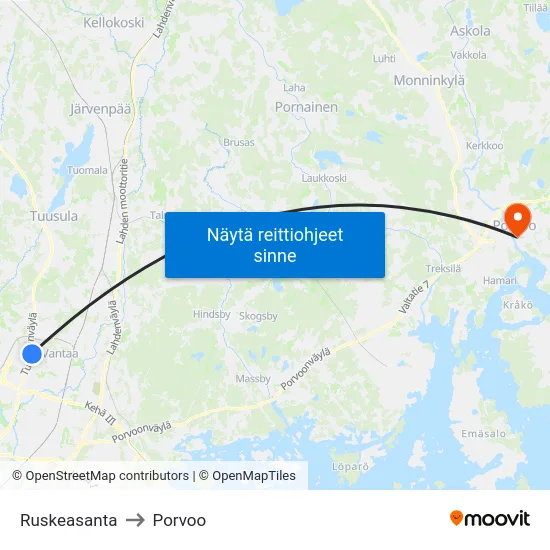 Ruskeasanta to Porvoo map