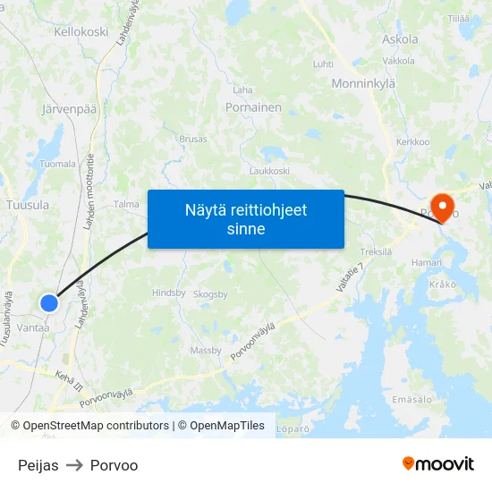 Peijas to Porvoo map