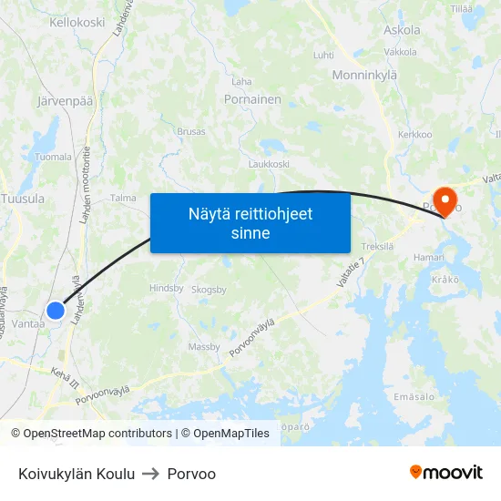Koivukylän Koulu to Porvoo map