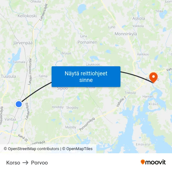 Korso to Porvoo map