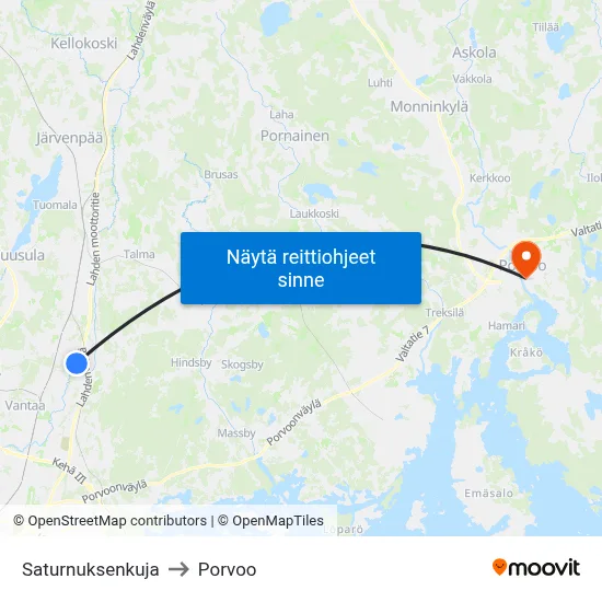 Saturnuksenkuja to Porvoo map