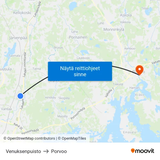 Venuksenpuisto to Porvoo map