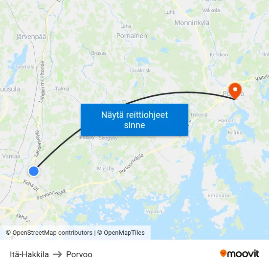 Itä-Hakkila to Porvoo map