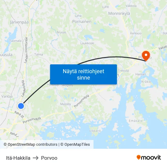 Itä-Hakkila to Porvoo map