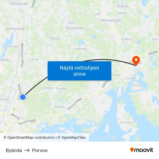 Byända to Porvoo map