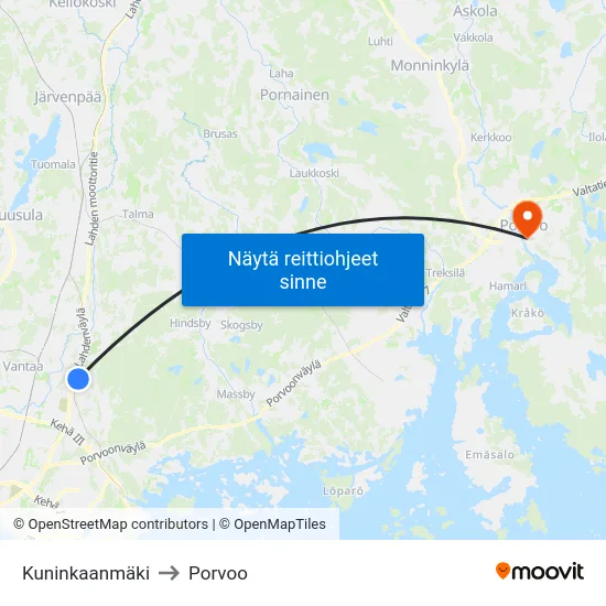 Kuninkaanmäki to Porvoo map