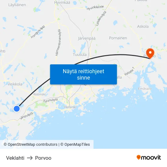 Veklahti to Porvoo map