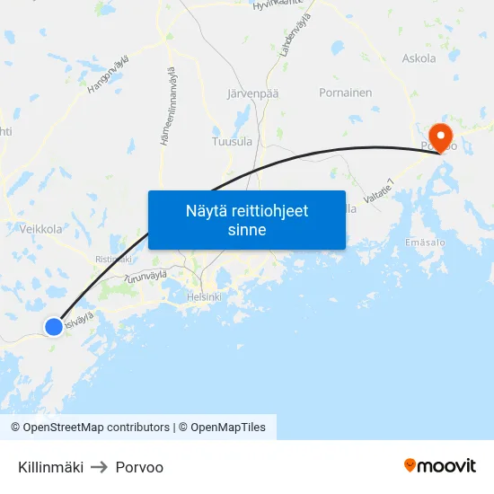 Killinmäki to Porvoo map