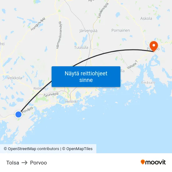 Tolsa to Porvoo map