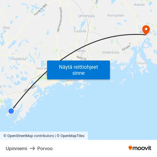 Upinniemi to Porvoo map