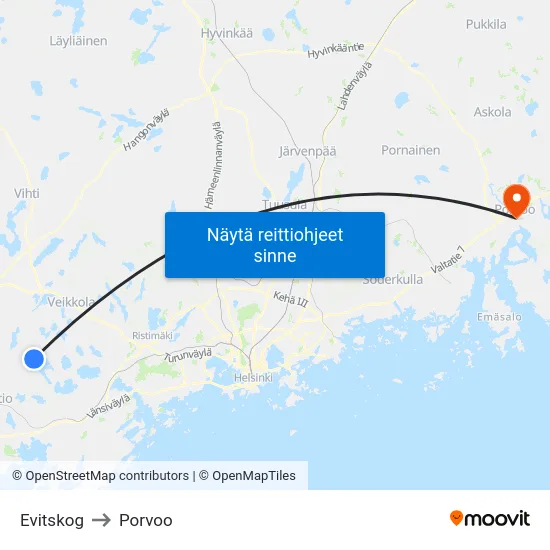 Evitskog to Porvoo map