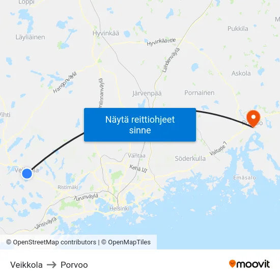 Veikkola to Porvoo map