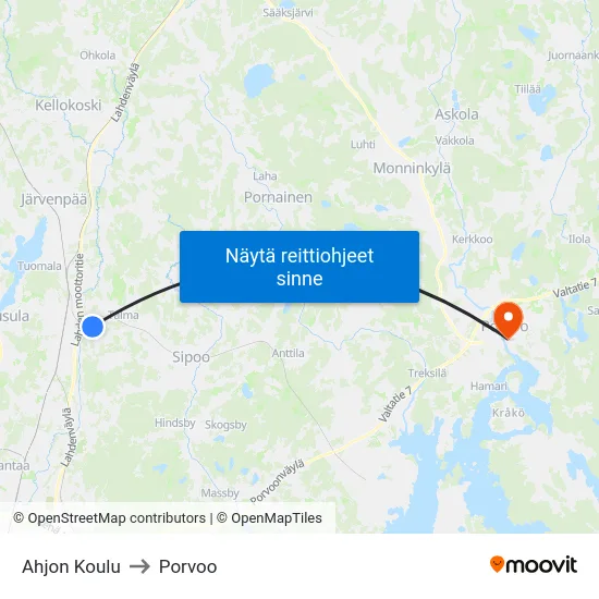 Ahjon Koulu to Porvoo map