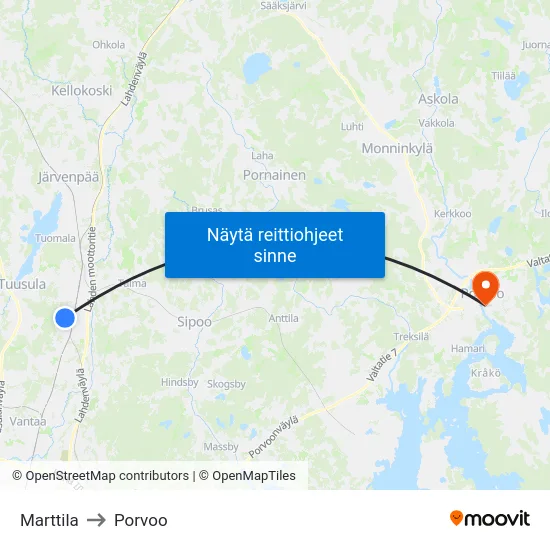 Marttila to Porvoo map