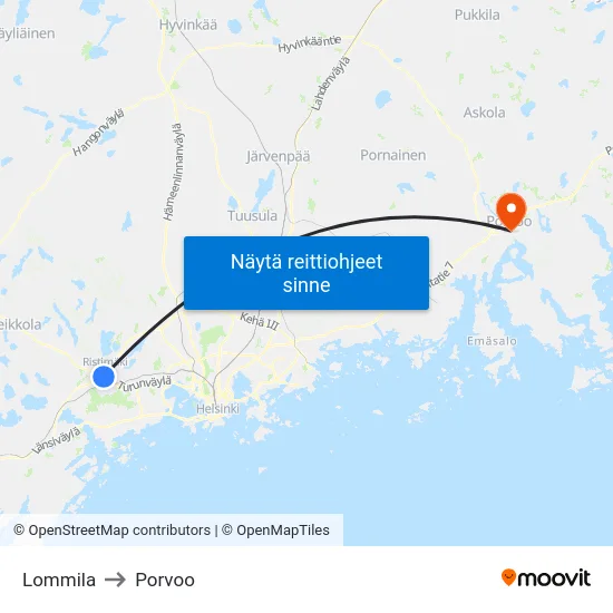 Lommila to Porvoo map
