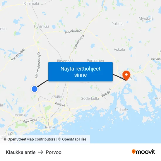 Klaukkalantie to Porvoo map