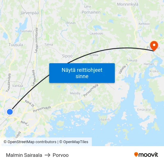 Malmin Sairaala to Porvoo map