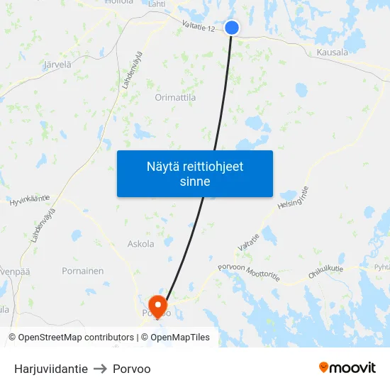 Harjuviidantie to Porvoo map