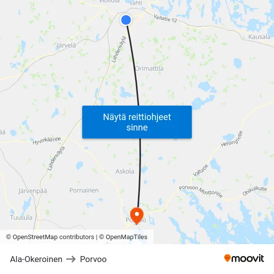 Ala-Okeroinen to Porvoo map