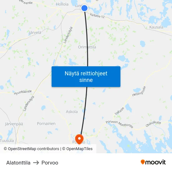 Alatonttila to Porvoo map