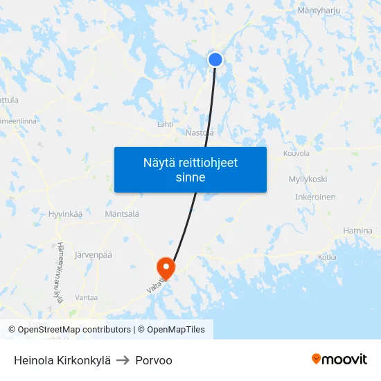 Heinola Kirkonkylä to Porvoo map