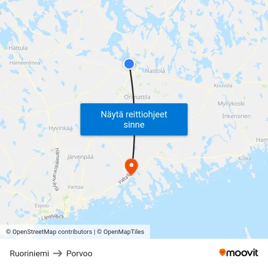 Ruoriniemi to Porvoo map