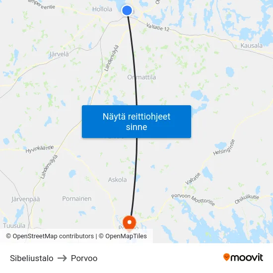 Sibeliustalo to Porvoo map