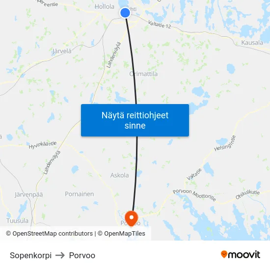 Sopenkorpi to Porvoo map